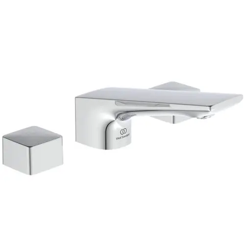 3-Loch-Waschtischarmatur in Chrom, mit einem seitlichen Hebel und einem separaten Steuerblock. Hersteller ist Ideal Standard.